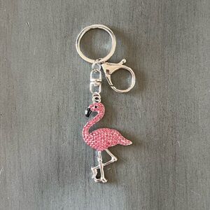 Flamingo Hot Light Pink Allover Rhinestone Silver 2.5” Keychain Bag Purse Charm